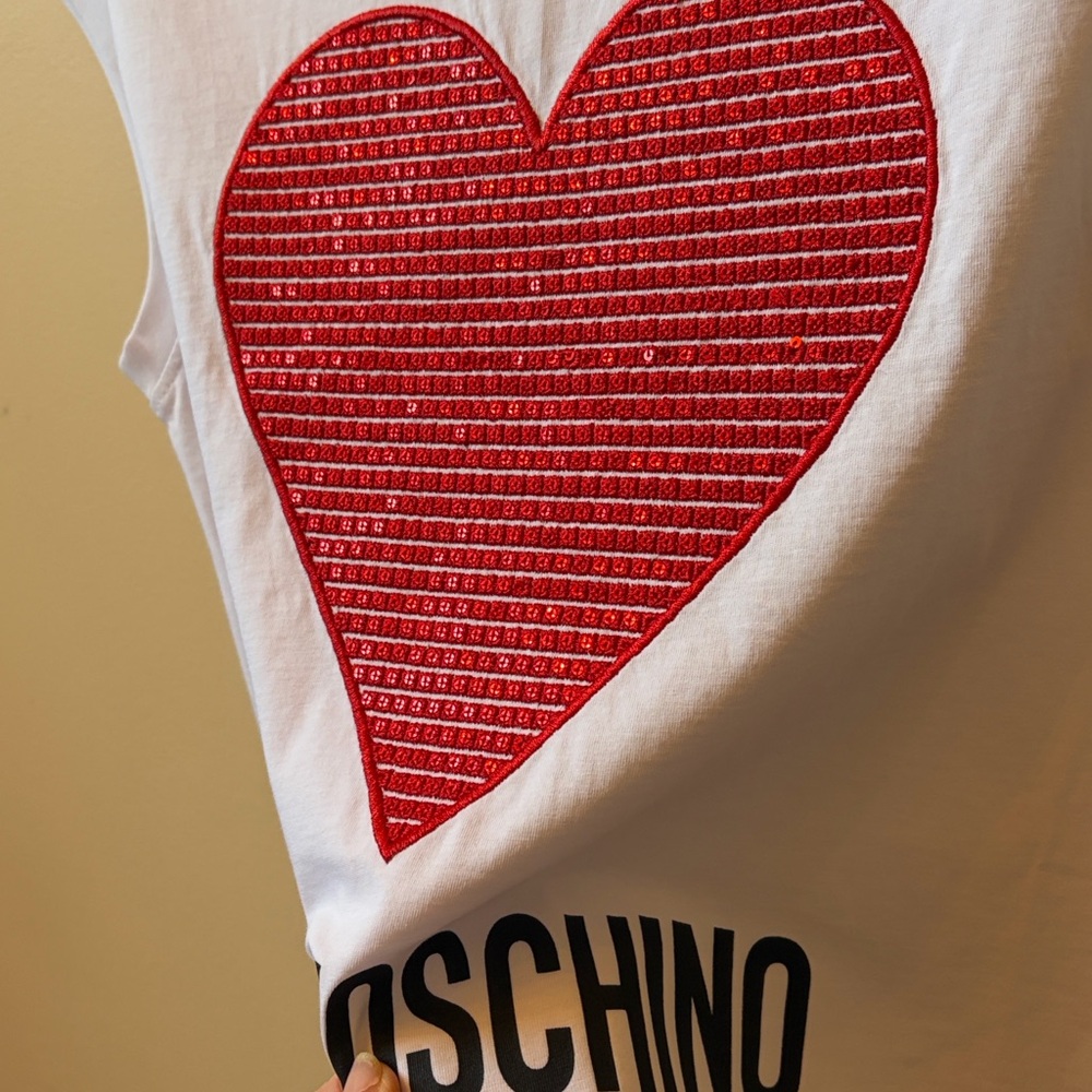 Love Moschino White Sleeveless T with Red Sequined Heart - NEW
